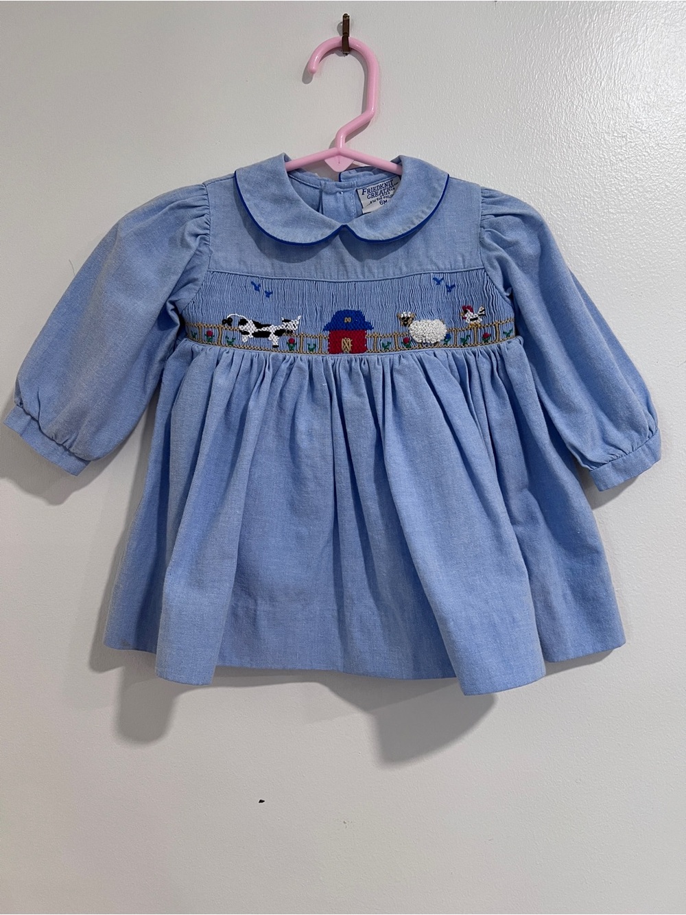 Smocked Light Blue Farm Scene Dress with bloomers